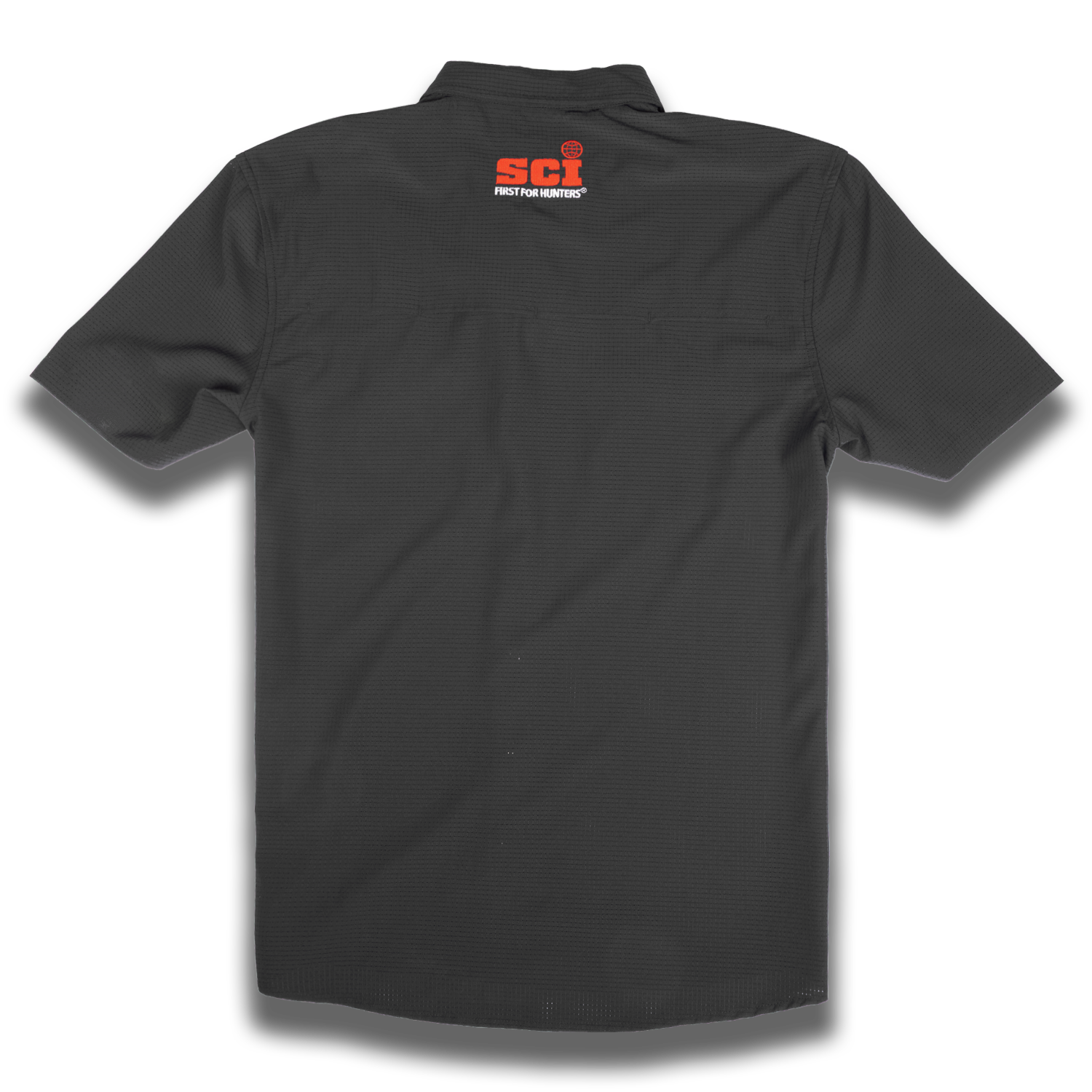 Rear view of short sleeve black airflow shirt with SCI logo on upper back