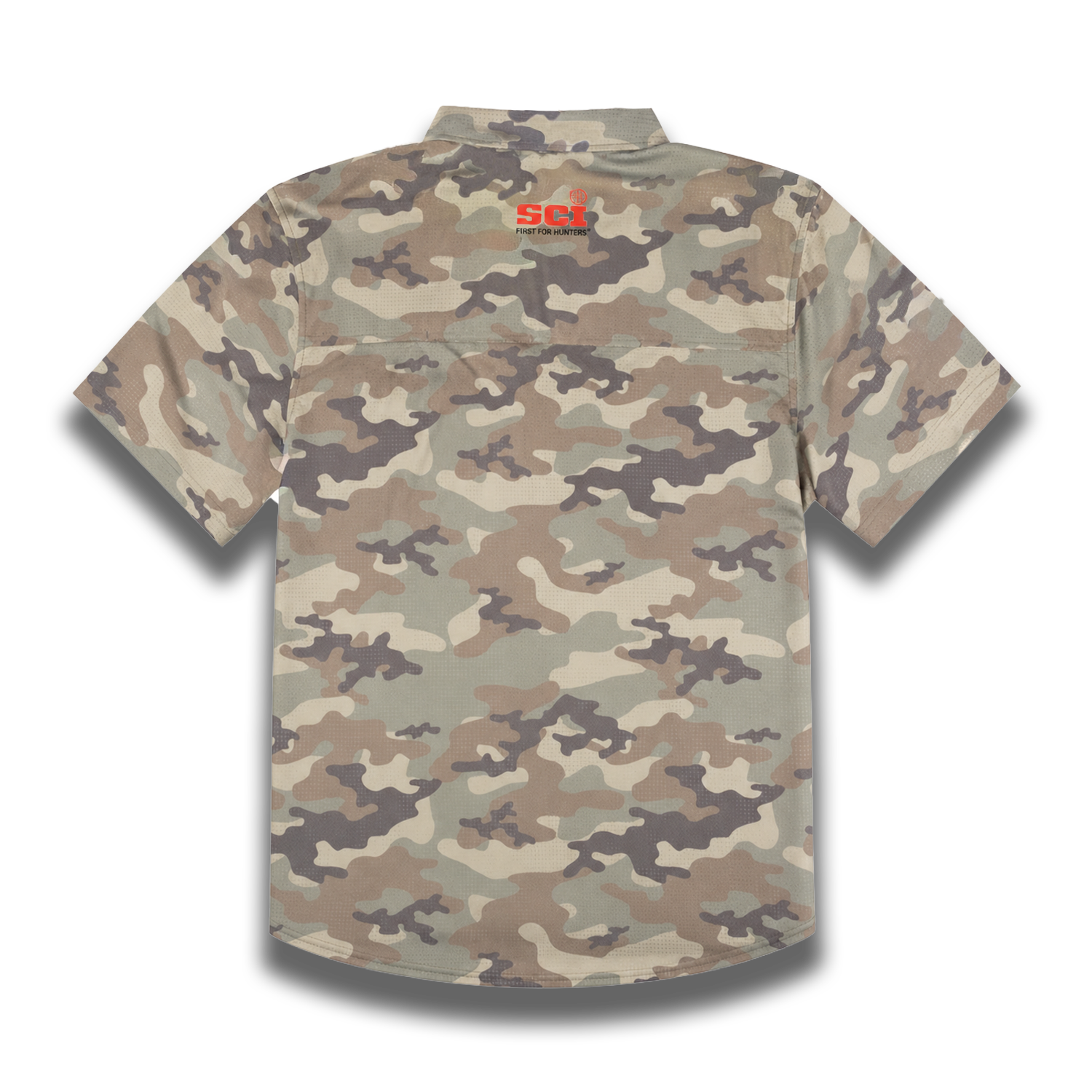short sleeve camo airflow shirt with SCI logo on upper back