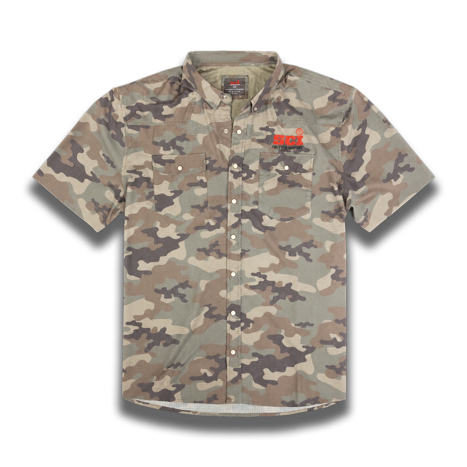 short sleeve camo airflow shirt with SCI logo on left chest