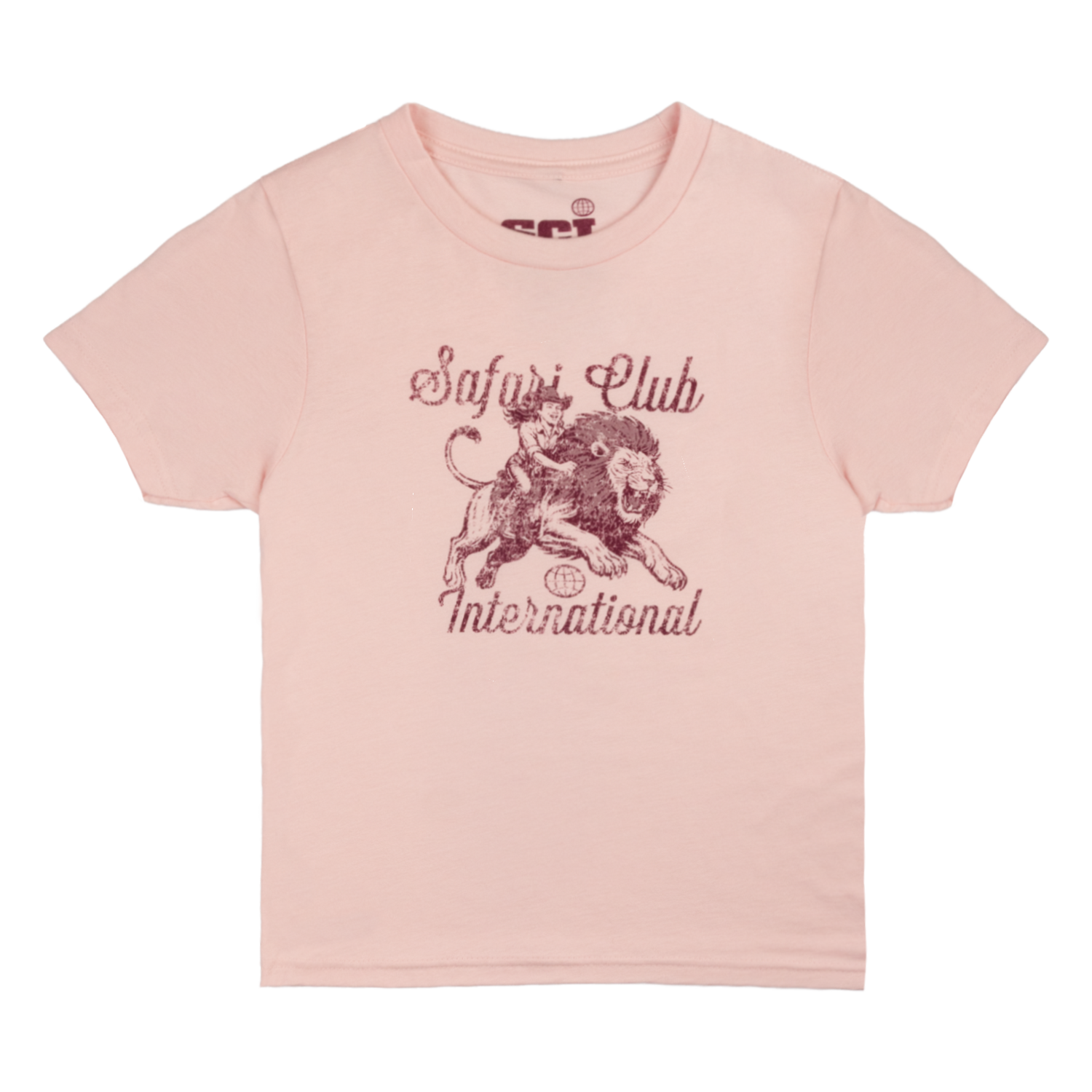 youth pink shirt with graphic of a lion with text "Safari Club International"