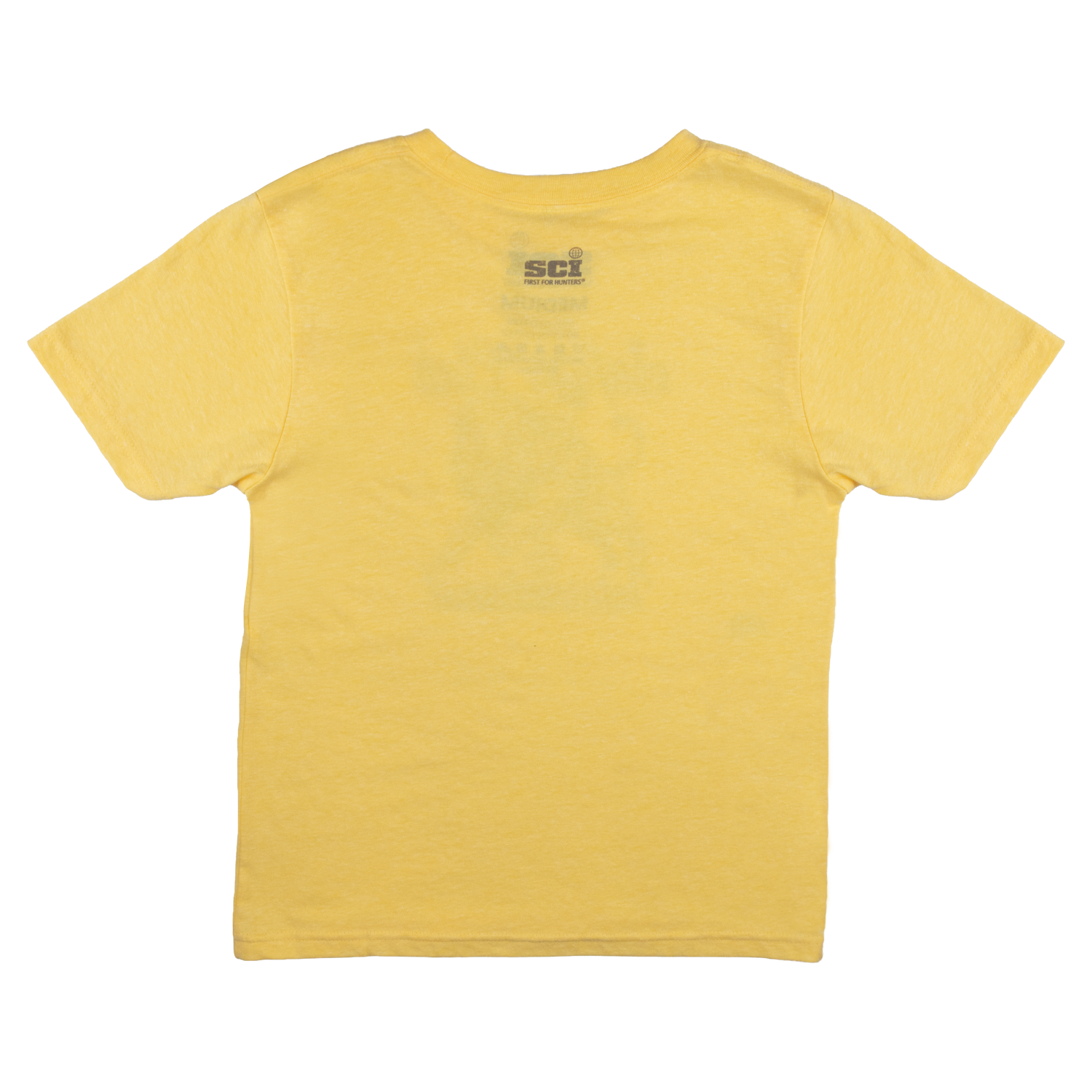 Rear view of youth yellow shirt with SCI logo on the upper back